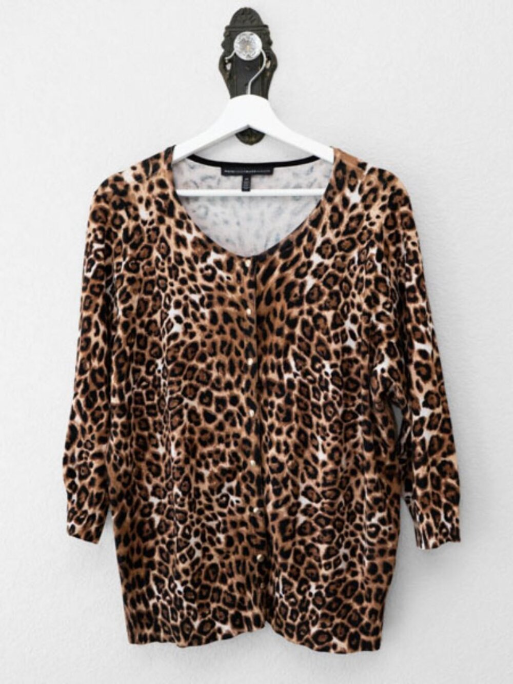 WHBM Animal Print Cardigan 2X Leopard Button Front Gold Snap Soft Knit Top